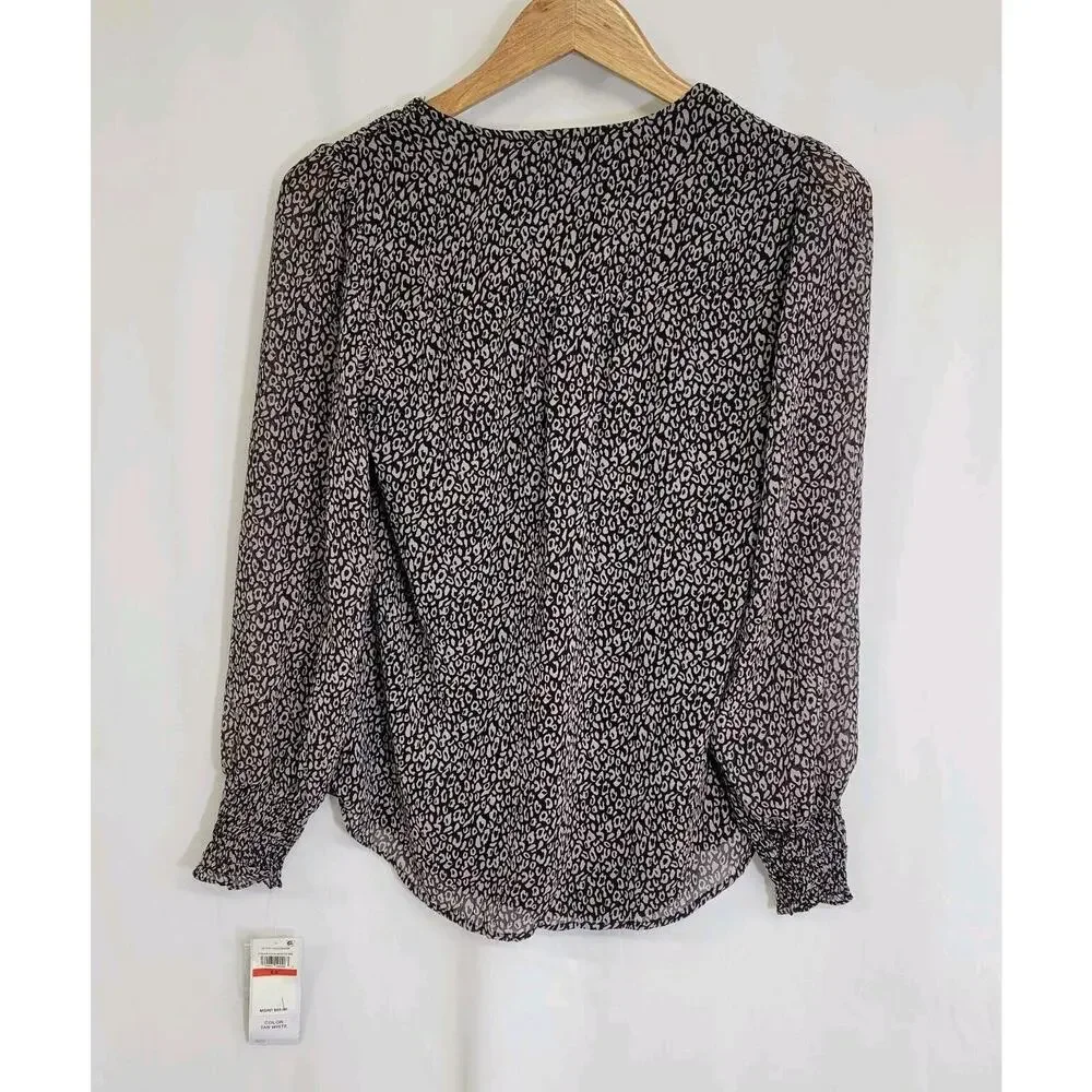 Sam and Jess Black Cheetah Animal Print Chiffon Long Sleeve V-Neck Top XS NWT